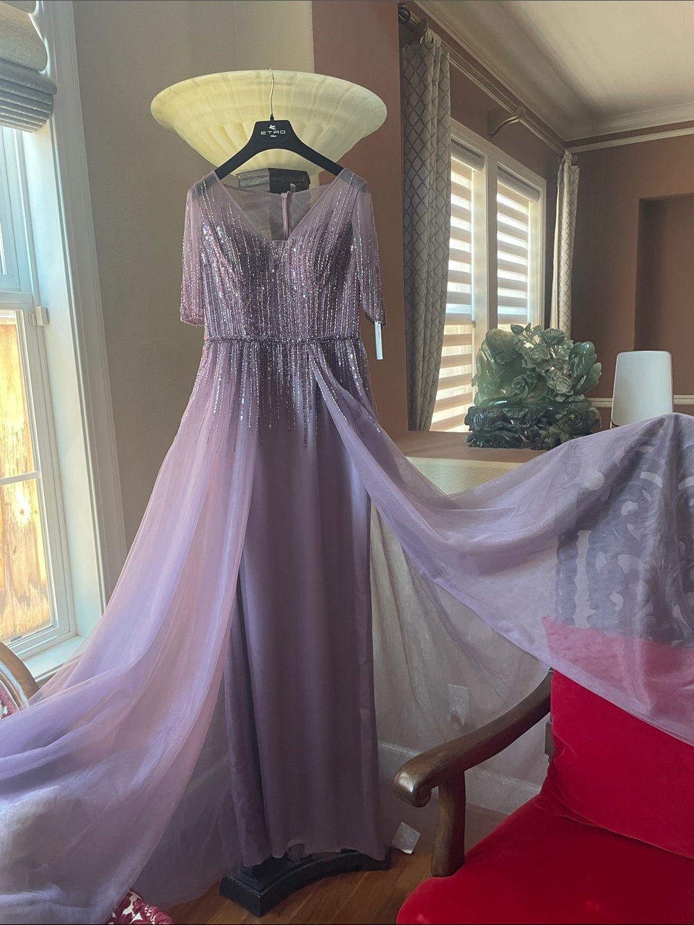 Brand new beautiful Teri Jon Lavender Sequin Evening Dress with Flowing Train